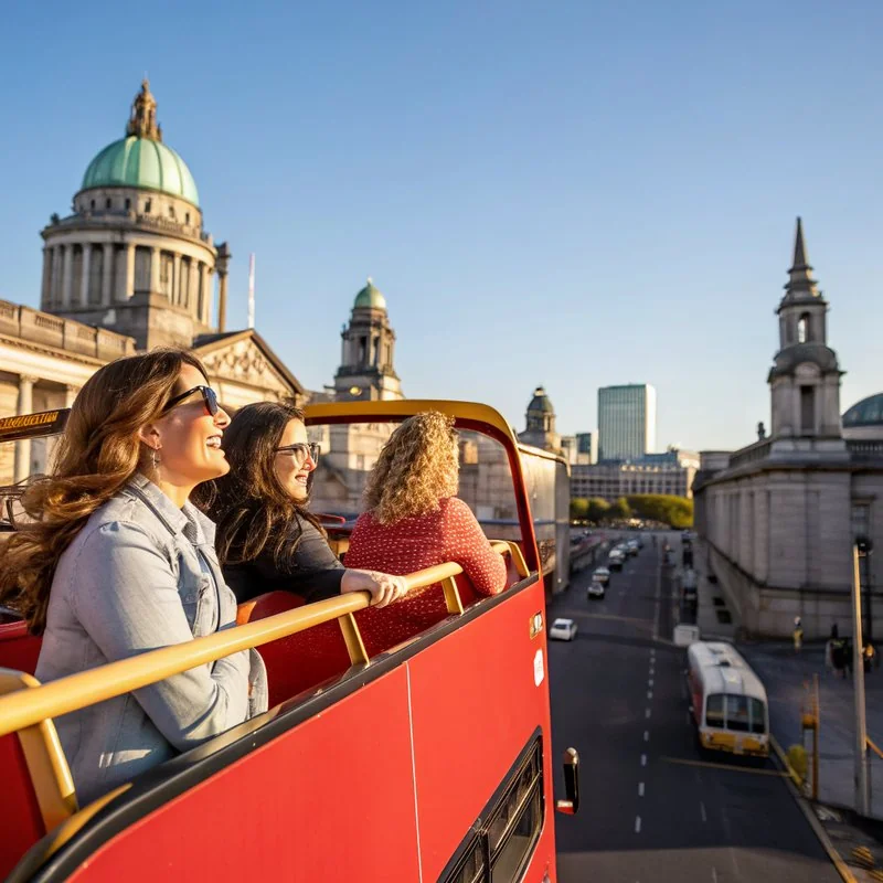 Travellers enjoying Belfast hop-on hop-off bus tour